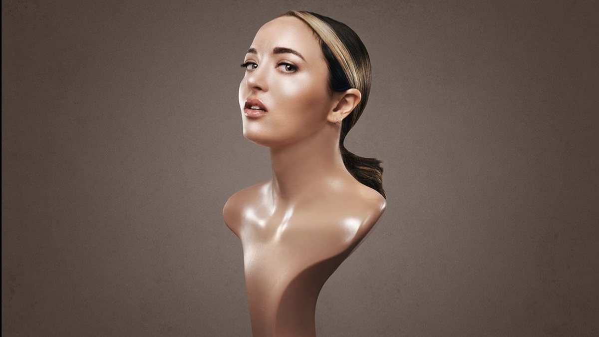 Fern Brady as a mannequin bust on a plinth, from the Autistic Bikini Queen tour artwork