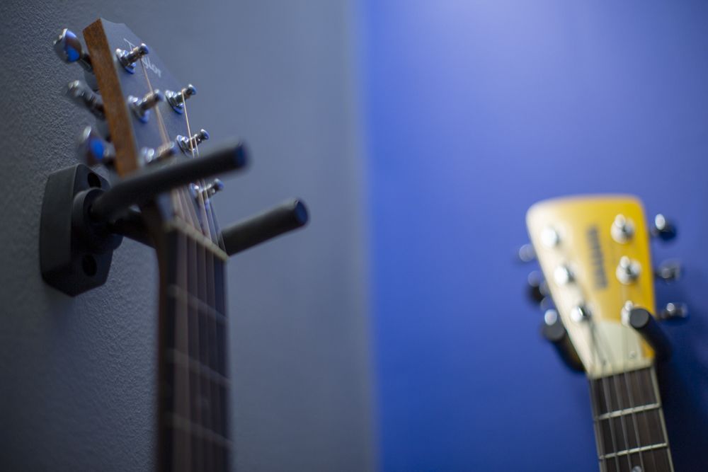 Guitars hanging on the studio wall
