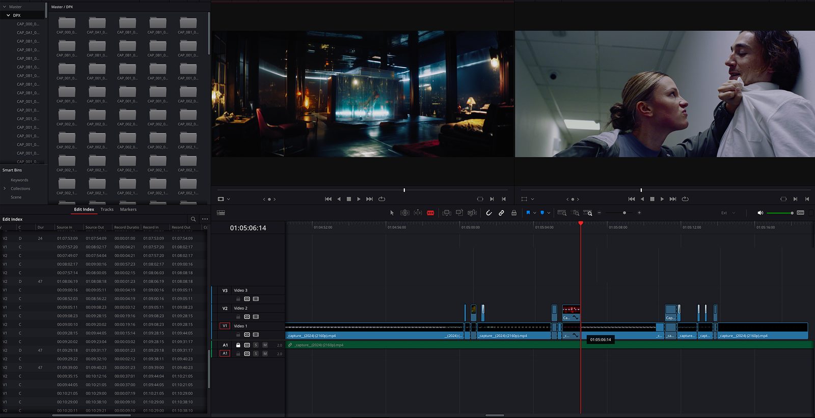 Side-by-side viewers comparing a VFX shot and a graded scene in an online timeline