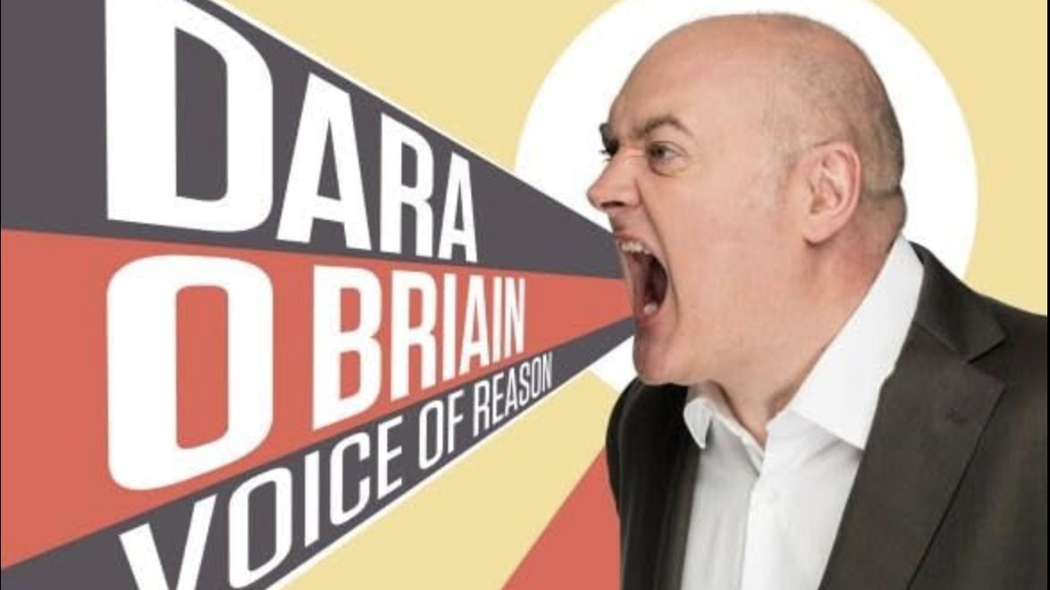 Dara Ó Briain shouting beside the Voice of Reason title