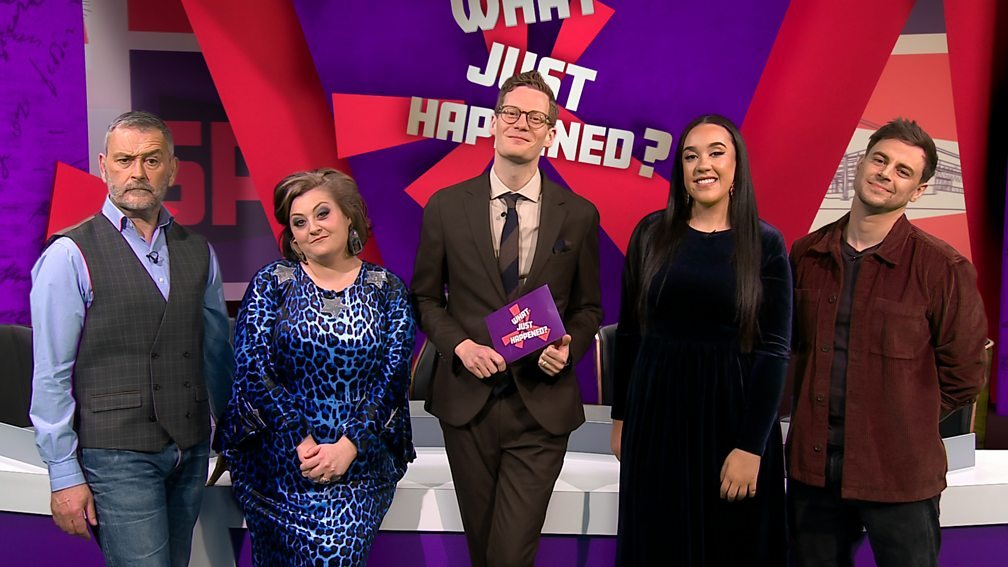 The host and four panellists on the What Just Happened? studio set